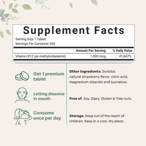 Micro Ingredients Vitamin B12 1,000mcg | Methyl B12 Active Form | 365 Chewable Tablets