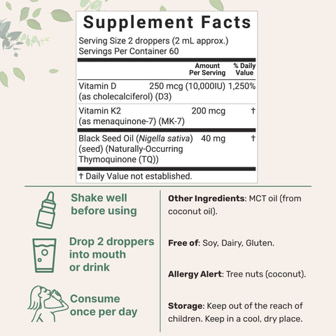Micro Ingredients Vitamin D3 10000 iu Plus K2 (MK-7) 200 mcg Drops, 2 fl oz – 2 Pack