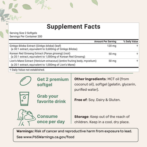 Micro Ingredients Ginkgo Biloba 5,600mg Equivalent, 400 Softgels, 3-in-1 with Ginseng & Lions Mane