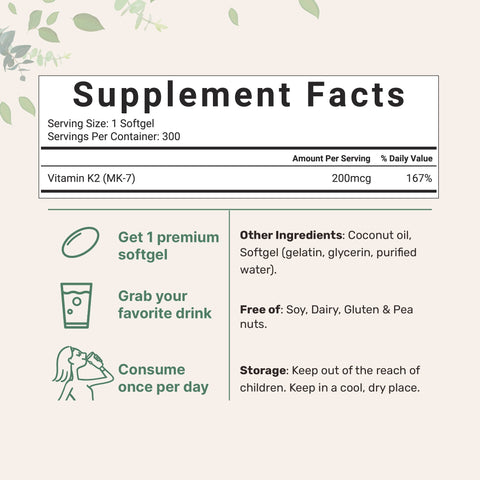 Micro Ingredients Vitamin K2 MK-7 Supplement, 200 mcg Per Serving, 300 Coconut Oil Softgles
