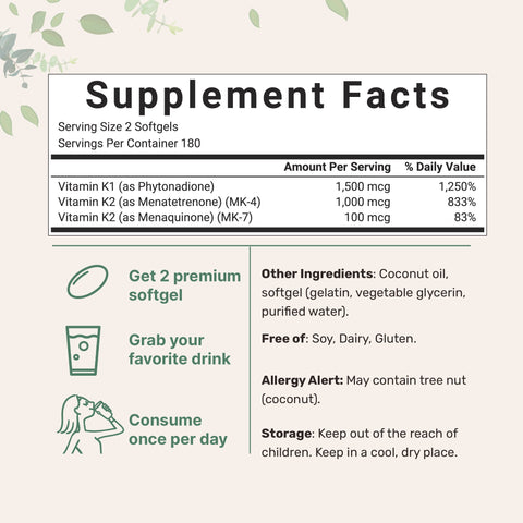 Micro Ingredients Vitamin K2 MK-4 + MK-7 & K1 Supplement, 360 Softgles with Coconut Oil