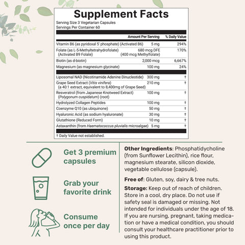 Micro Ingredients Pure Liposomal NAD+ for Women 9,000mg Equivalent, 180 Veggie Capsules