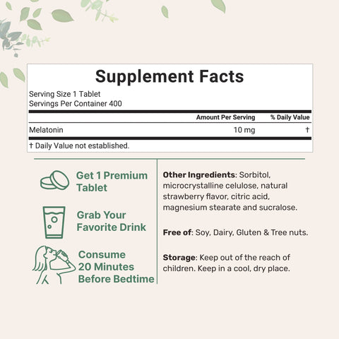 Micro Ingredients Melatonin 10mg, 400 Tablets, Natural Strawberry Flavor
