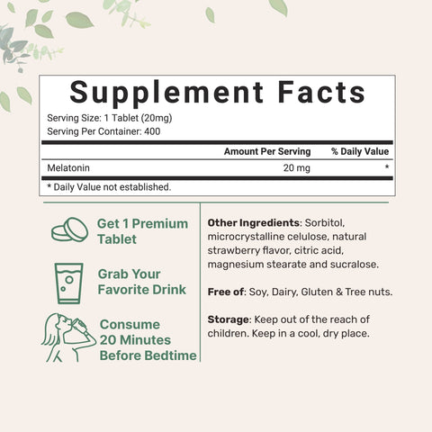 Micro Ingredients Melatonin 20mg Tablets, 400 Counts, Natural Strawberry Flavor