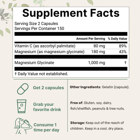 Micro Ingredients Pure Magnesium Glycinate 1,000mg Per Serving, 300 Capsules
