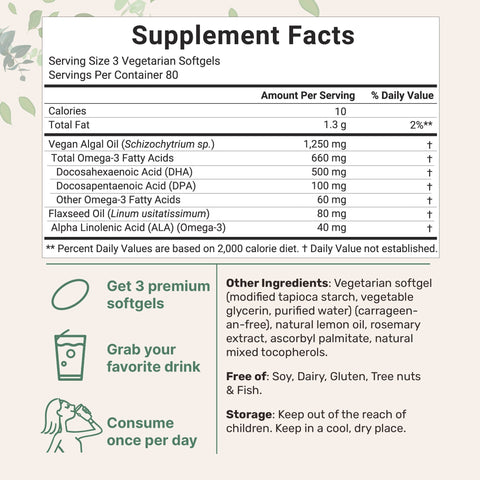 Micro Ingredients Vegan Omega 3 Algae Oil Supplement 1,250 mg Per Serving