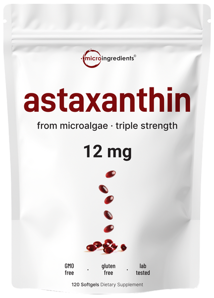 Micro Ingredients Astaxanthin 12mg, 120 softgels, tanning pills, Strength Carotenoids Skin Supplement w. 100% Natural Astaxanthin from MicroAlgae
