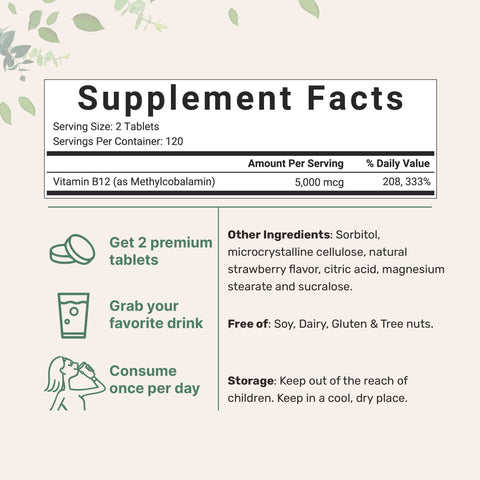Micro Ingredients Vitamin B12 5000mcg | Methyl B12 Active Form – 240 Chewable Tablets