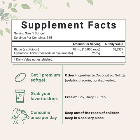 Micro Ingredients Biotin with Hyaluronic Acid Softgel, 365 counts